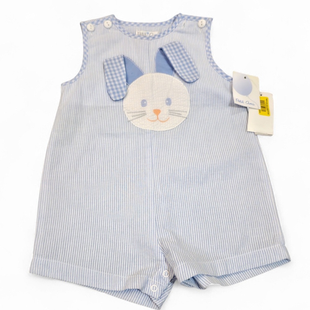 Petit Ami Baby Blue White Seersucker Bunny Romper‎ 9 Months 2665 NWT